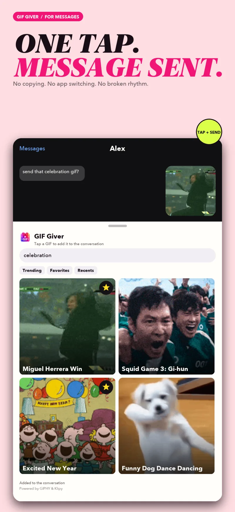 The GIF Giver drawer in Apple Messages with search, category chips, and a GIF grid