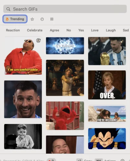 The compact GIF Giver picker showing a grid of trending GIFs